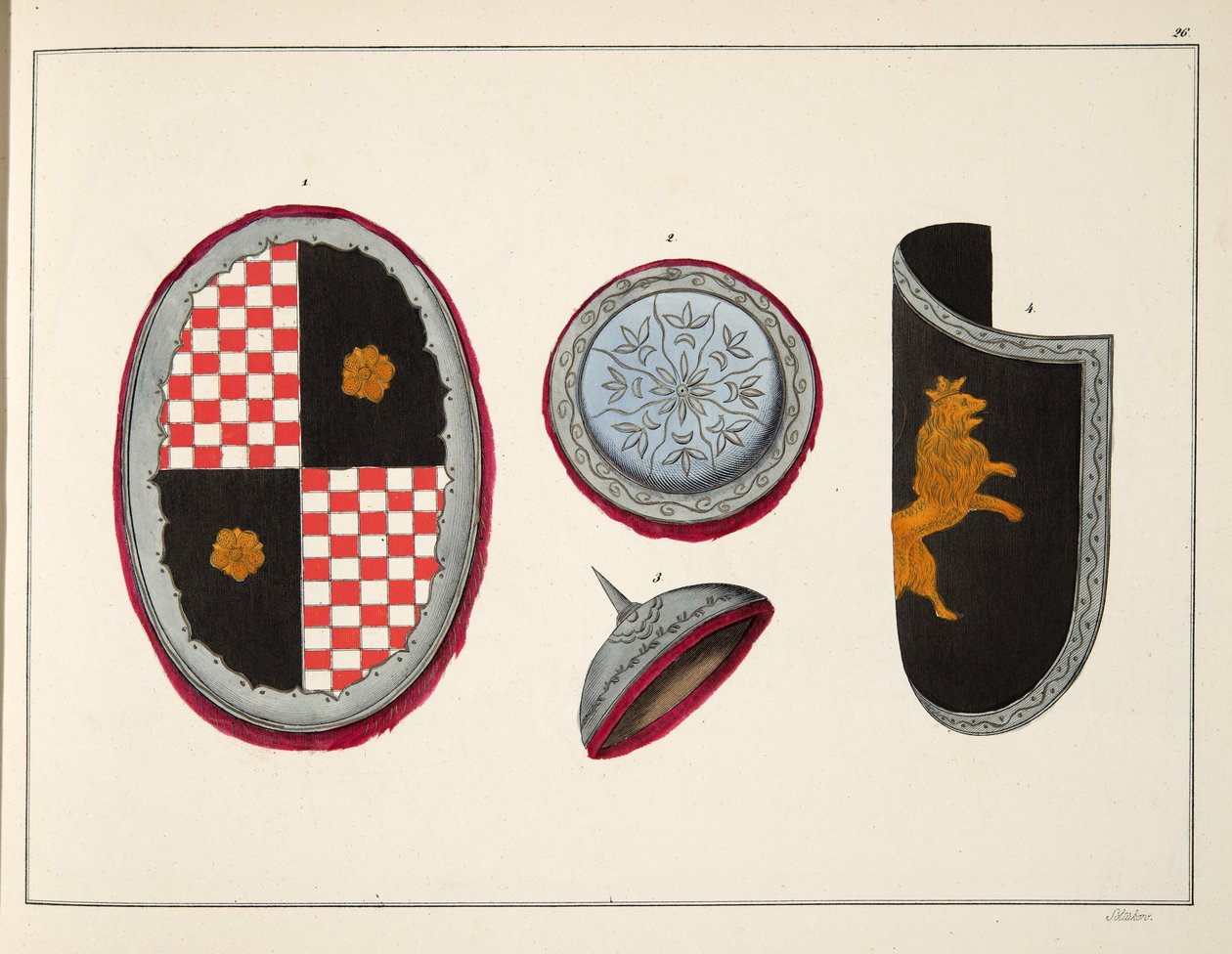 Štíty, deska z „Historie vývoje a zvyků rytířství“, od Dr. Franze Kottenkampa, vydal Carl Hoffmann, 1842 od Friedrich Martin von Reibisch