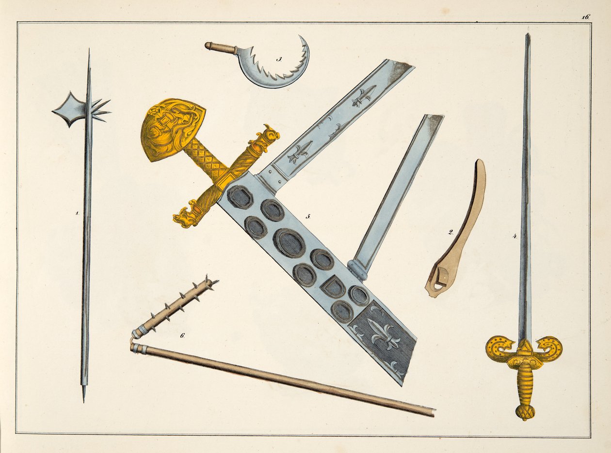 Špičaté kopí, cep a duhack, deska z „Historie vývoje a zvyků rytířství“ od Dr. Franze Kottenkampa, vydal Carl Hoffmann, 1842 Kottenkamp, vydal Car od Friedrich Martin von Reibisch