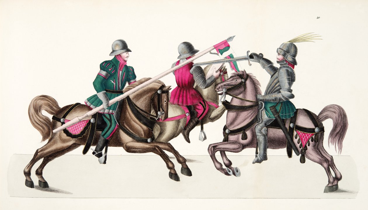 Tři rytíři na turnaji, deska z „Historie vývoje a zvyků rytířství“ od Dr. Franze Kottenkampa, vydal Carl Hoffmann, 1842 od Friedrich Martin von Reibisch