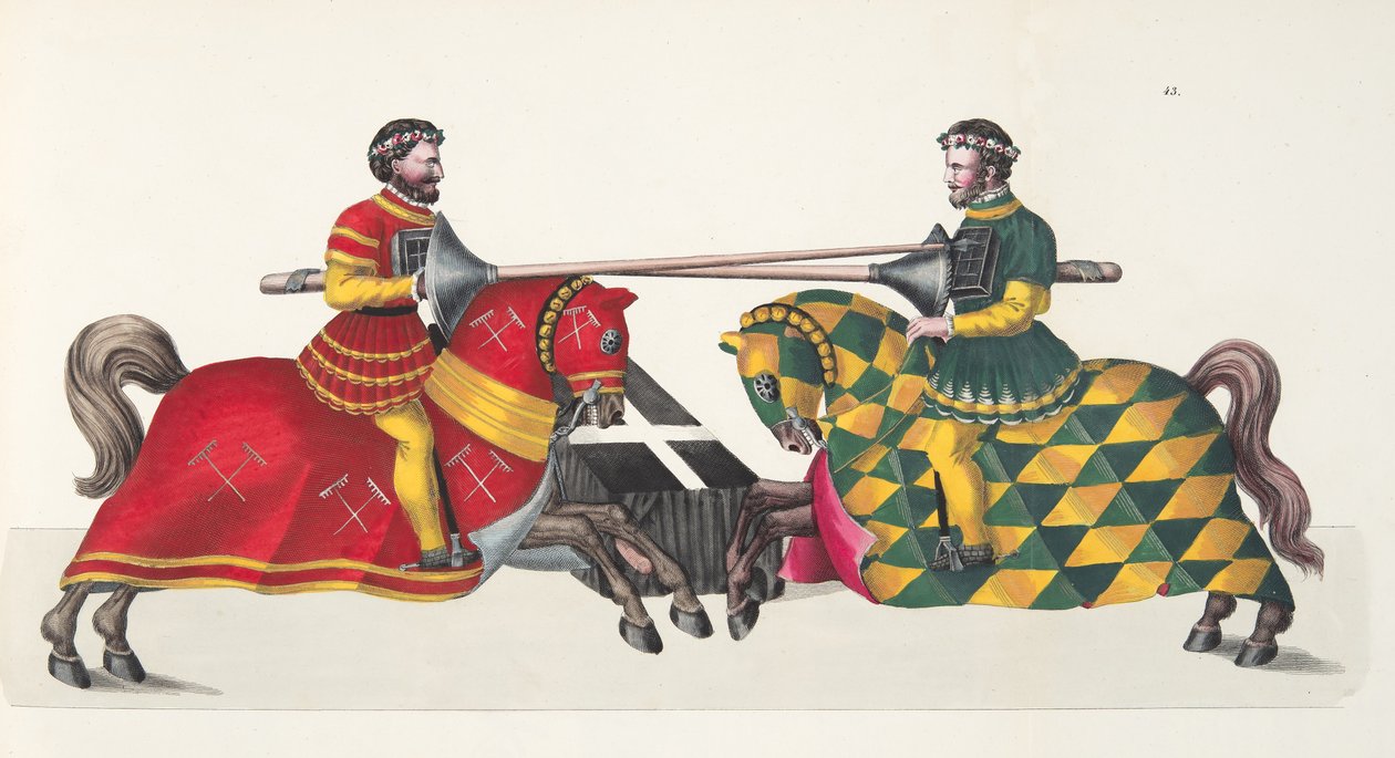 Dva rytíři na turnaji, deska z „Historie vývoje a zvyků rytířství“ od Dr. Franze Kottenkampa, vydal Carl Hoffmann, 1842 od Friedrich Martin von Reibisch