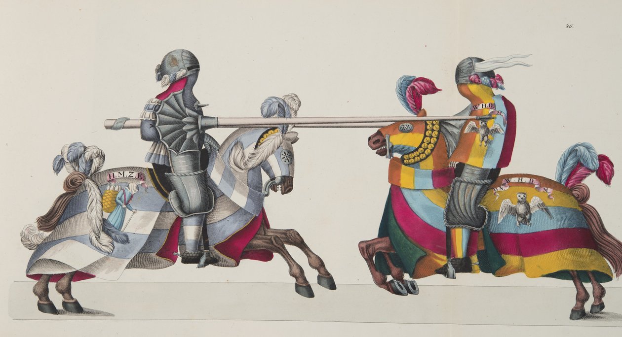 Dva rytíři na turnaji, deska z „Historie vývoje a zvyků rytířství“ od Dr. Franze Kottenkampa, vydal Carl Hoffmann, 1842 od Friedrich Martin von Reibisch
