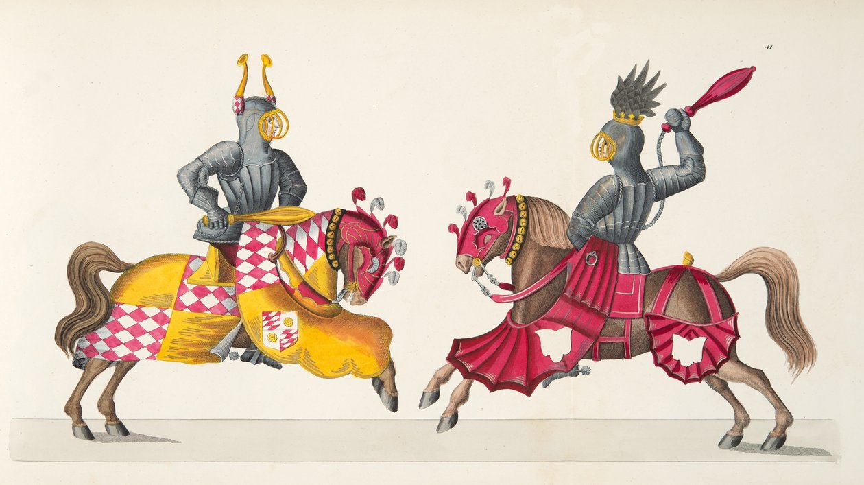 Dva rytíři na turnaji, deska z knihy "A History of the Development and Customs of Chivalry", autor Dr. Franz Kottenkamp, vydáno Carlem Hoffmannem, 1842. od Friedrich Martin von Reibisch
