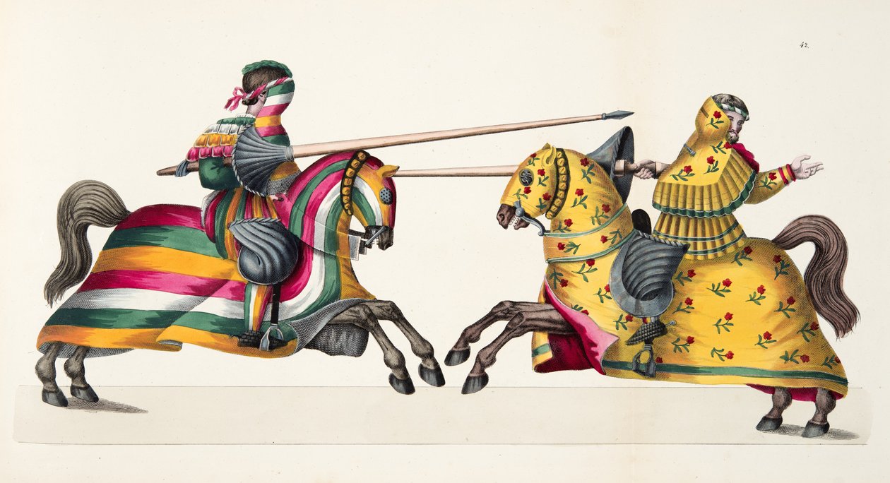 Dva rytíři na turnaji, deska z knihy "A History of the Development and Customs of Chivalry", autor Dr. Franz Kottenkamp, vydáno Carlem Hoffmannem, 1842. od Friedrich Martin von Reibisch