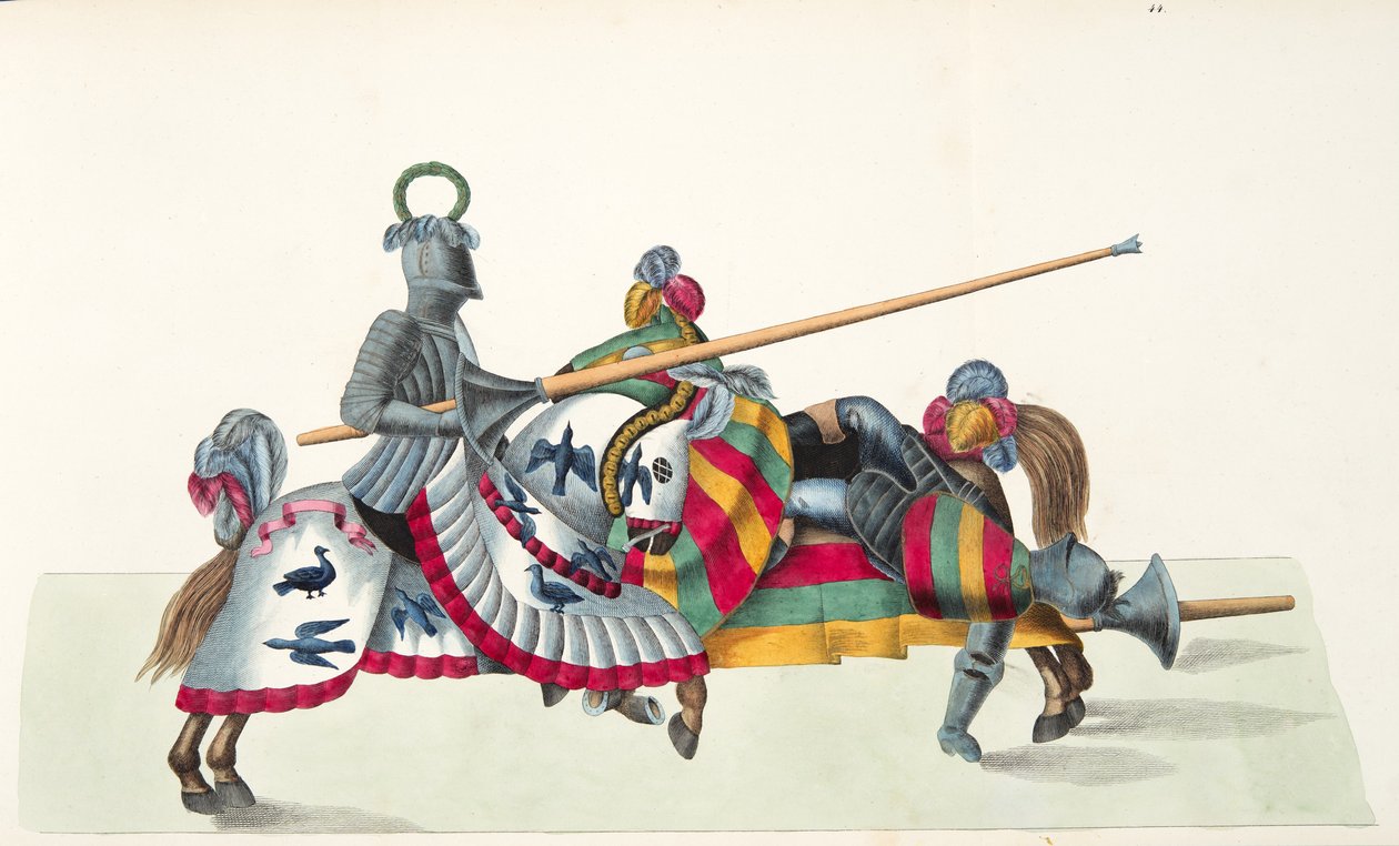 Dva rytíři na turnaji, deska z knihy "A History of the Development and Customs of Chivalry", autor Dr. Franz Kottenkamp, vydáno Carlem Hoffmannem, 1842. od Friedrich Martin von Reibisch