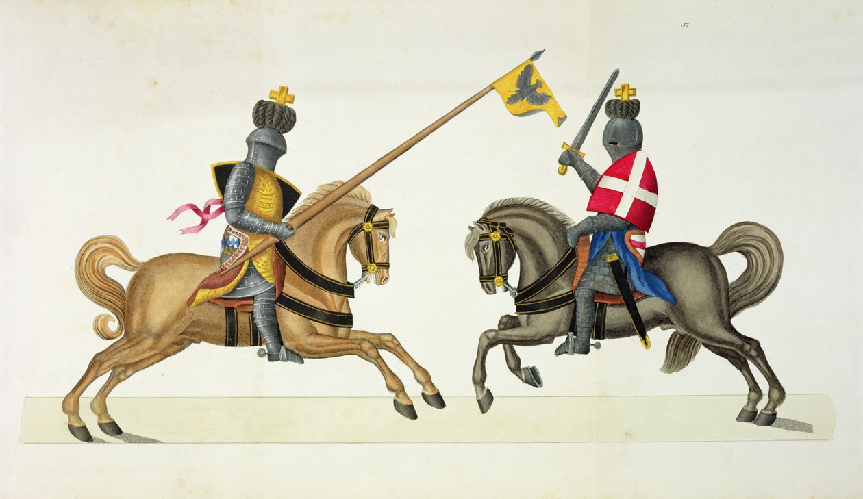 Dva rytíři na turnaji, deska z „Historie vývoje a zvyků rytířství“ od Dr. Franze Kottenkampa, vydal Carl Hoffmann, 1842 od Friedrich Martin von Reibisch