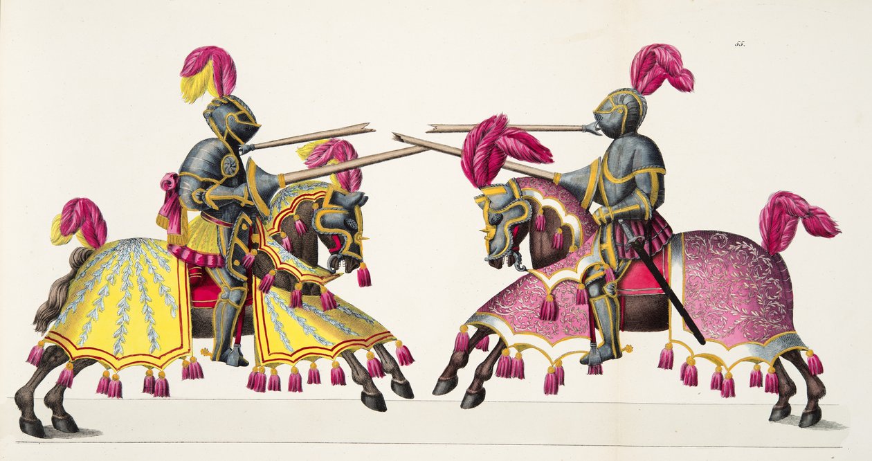 Dva rytíři na turnaji, deska z „Historie vývoje a zvyků rytířství“ od Dr. Franze Kottenkampa, vydal Carl Hoffmann, 1842 od Friedrich Martin von Reibisch