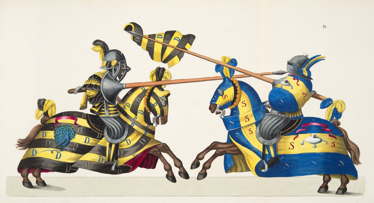 Dva rytíři na turnaji, deska z „Historie vývoje a zvyků rytířství“ od Dr. Franze Kottenkampa, vydal Carl Hoffmann, 1842 od Friedrich Martin von Reibisch