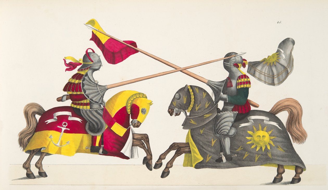 Dva rytíři na turnaji, deska z „Historie vývoje a zvyků rytířství“ od Dr. Franze Kottenkampa, vydal Carl Hoffmann, 1842 od Friedrich Martin von Reibisch