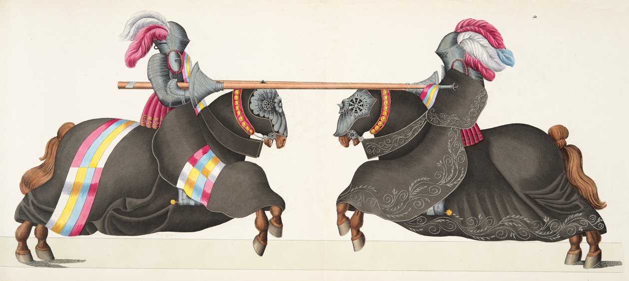 Dva rytíři na turnaji, deska z „Historie vývoje a zvyků rytířství“ od Dr. Franze Kottenkampa, vydal Carl Hoffmann, 1842 od Friedrich Martin von Reibisch