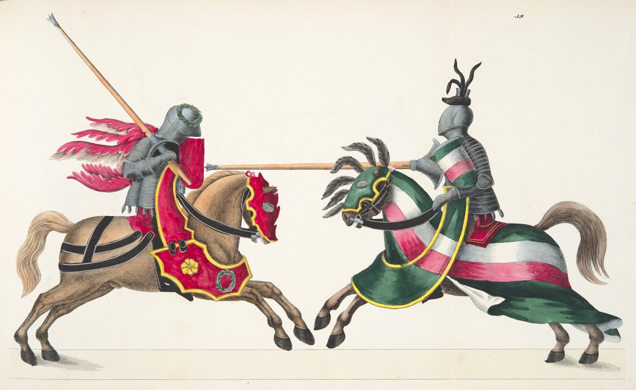 Dva rytíři na turnaji, deska z „Historie vývoje a zvyků rytířství“ od Dr. Franze Kottenkampa, vydal Carl Hoffmann, 1842 od Friedrich Martin von Reibisch
