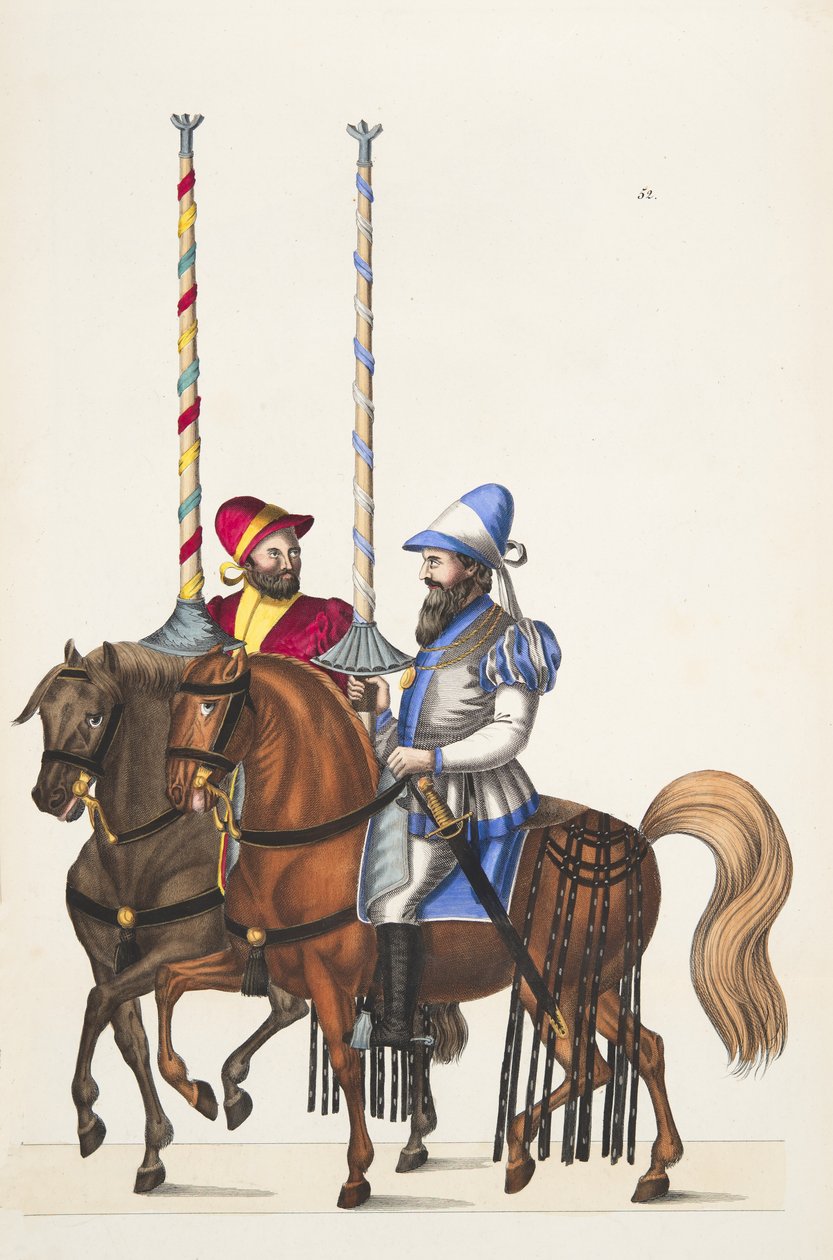 Dva jezdci na turnaji, deska z „Historie vývoje a zvyků rytířství“ od Dr. Franze Kottenkampa, vydal Carl Hoffmann, 1842 od Friedrich Martin von Reibisch