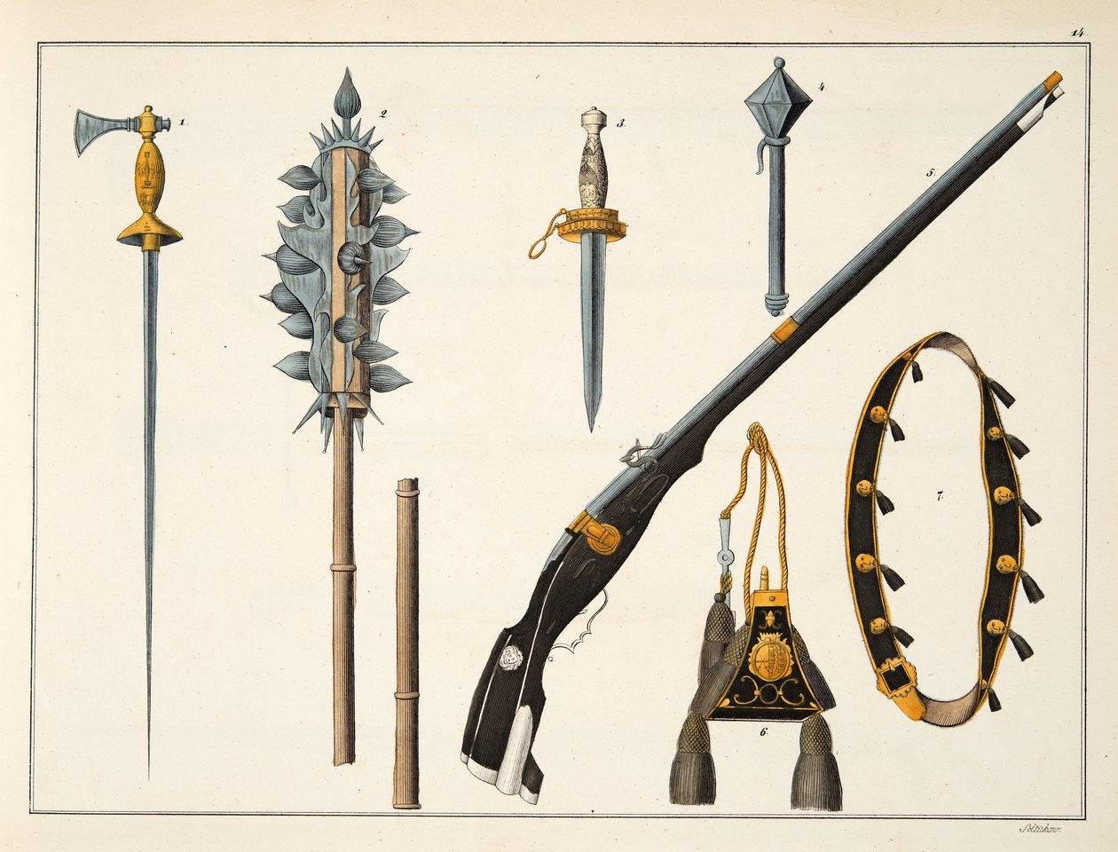 Zbraně včetně muškety, cca 1400, deska z „Historie vývoje a zvyků rytířství“ od Dr. Franze Kottenkampa, vydané Carlem Hoffmannem, 1842 od Friedrich Martin von Reibisch