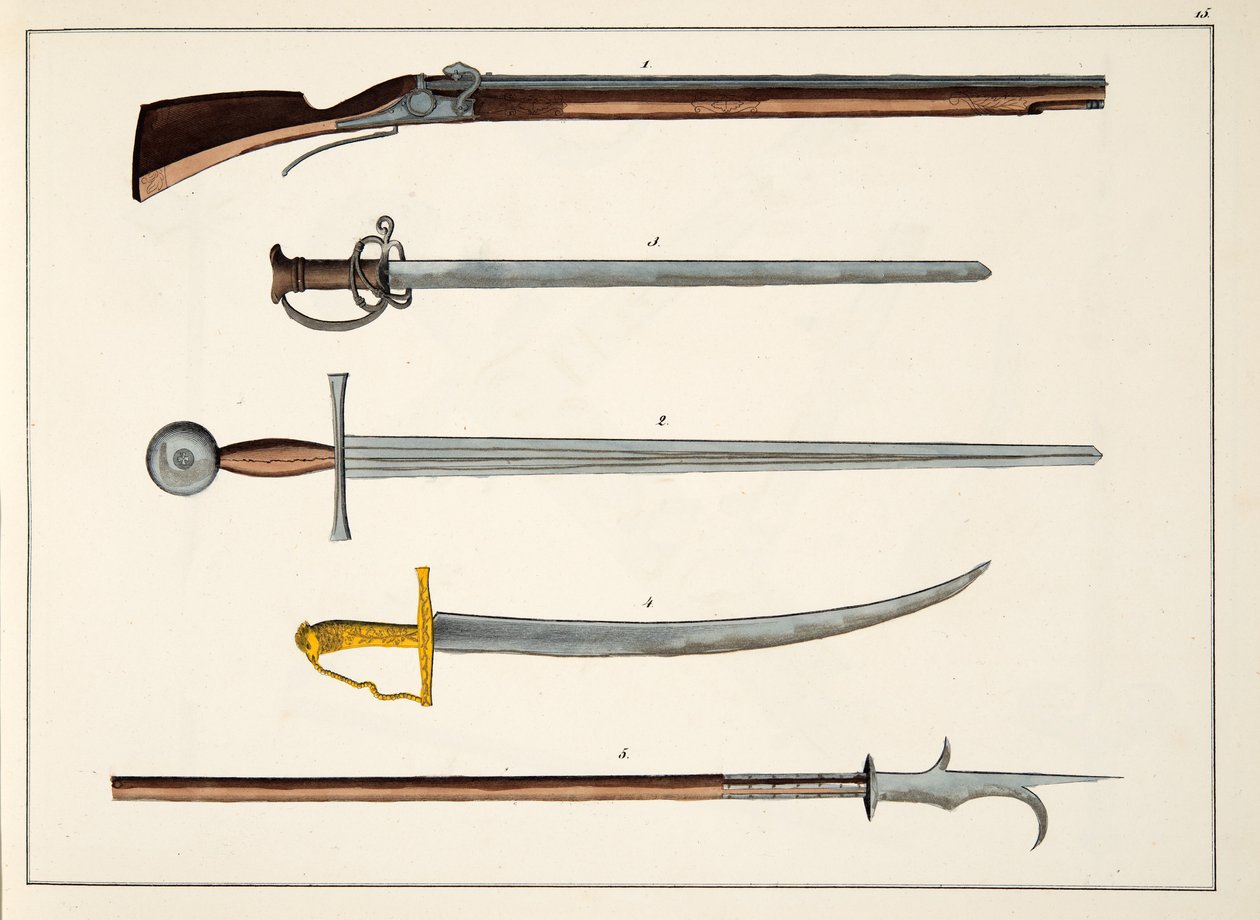 Zbraně včetně mečů a kopí, kolem 1400, deska z Historie vývoje a zvyků rytířství, Dr. Franz Kottenkamp, publikoval Carl Hoffmann, 1842 od Friedrich Martin von Reibisch