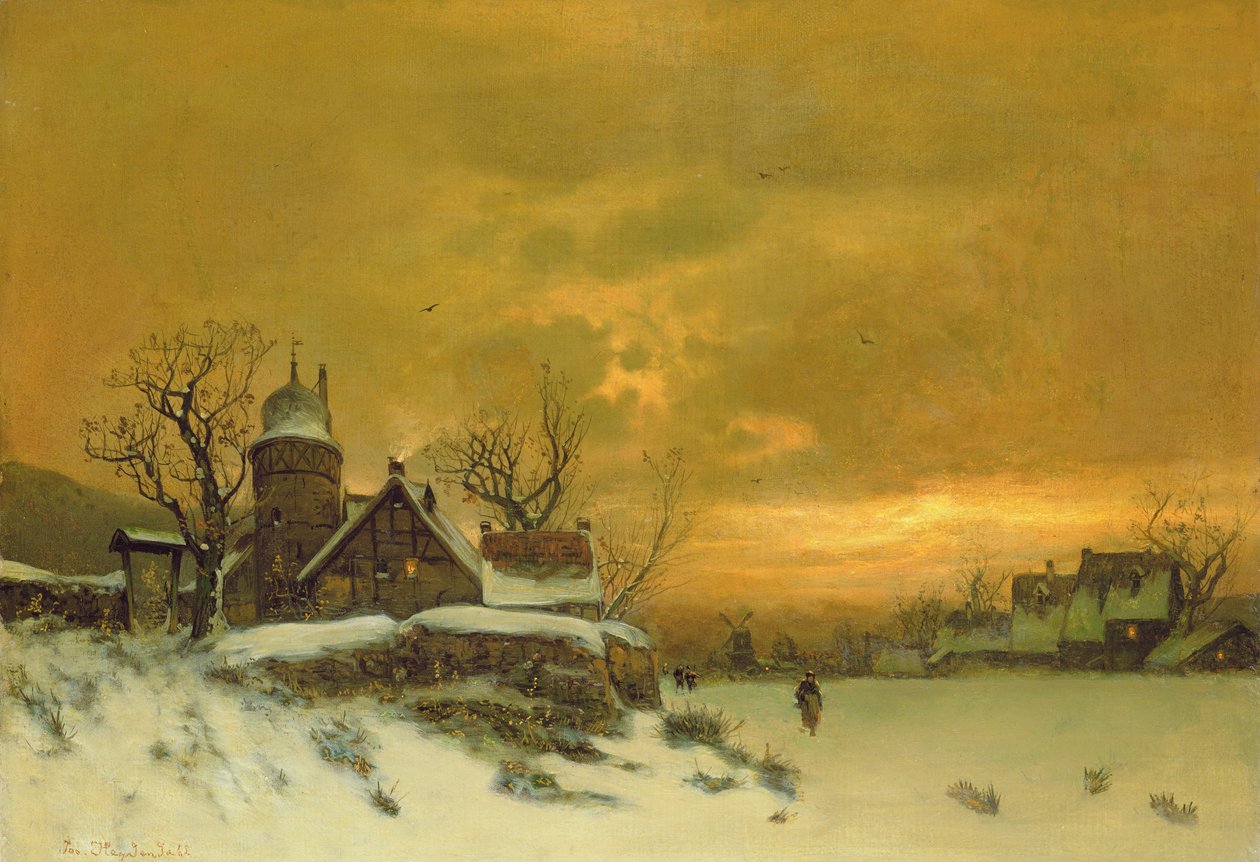 Zimní krajina s pohledem na budovy ve večerních hodinách od Friedrich Nicolai Joseph Heydendahl