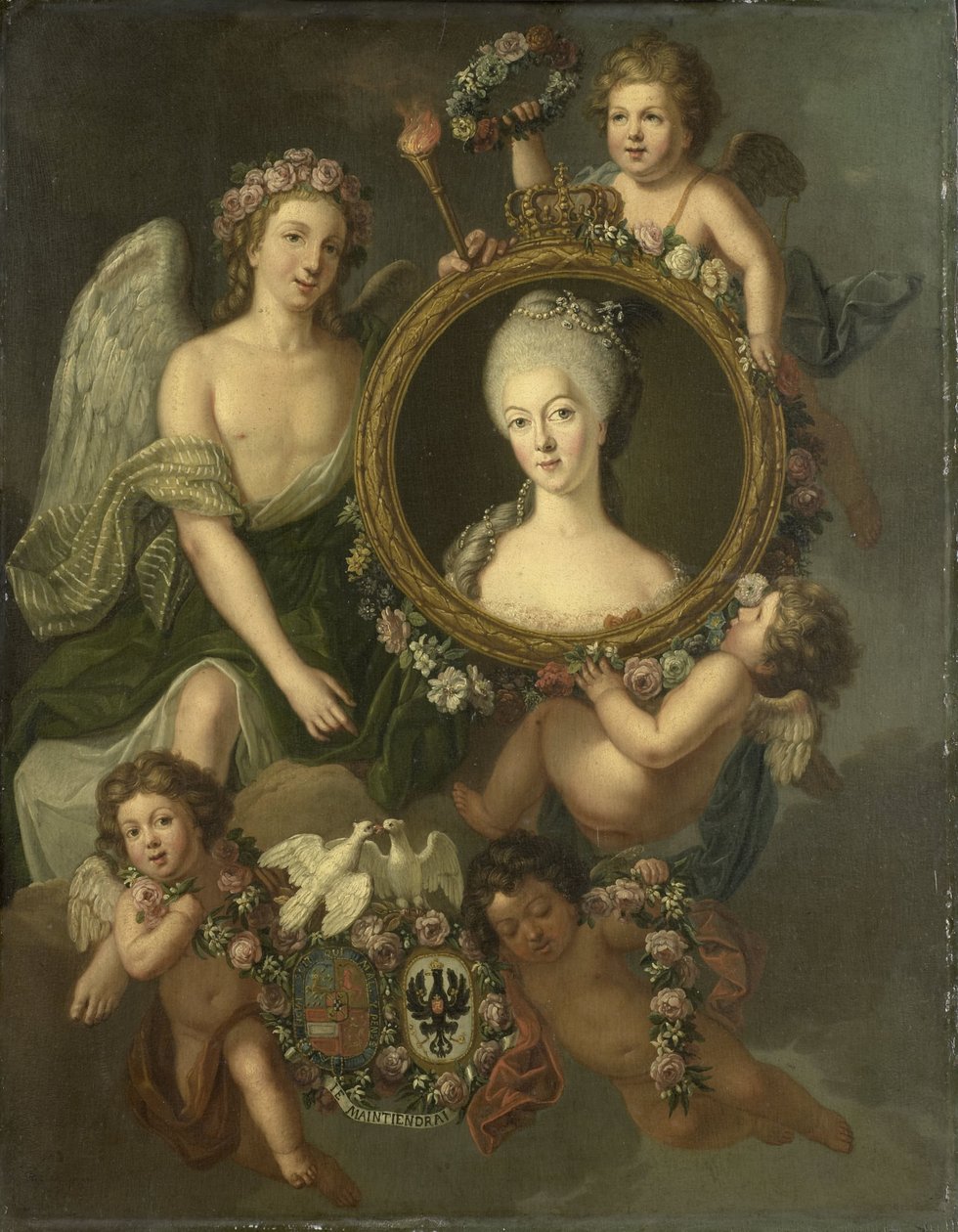 Portrét Wilhelminy Pruské v medailonu s narážkami na její sňatek s princem Williamem V. dne 4. října 1767 v Berlíně (Frederika Sophia Wilhelmina) od Friedrich Reclam