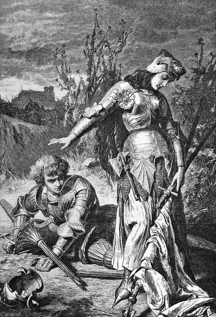 Souboj mezi Johankou z Arku a Lionelem, ilustrace k Panně Orleánské, tragédie Friedrich Schiller (1759-1805), rytina od Friedrich Schiller