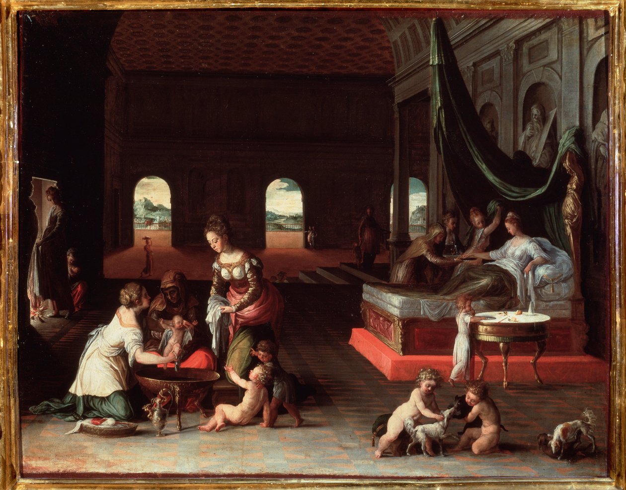 Narození dítěte - cca 1565, olej na plátně od Friedrich Sustris