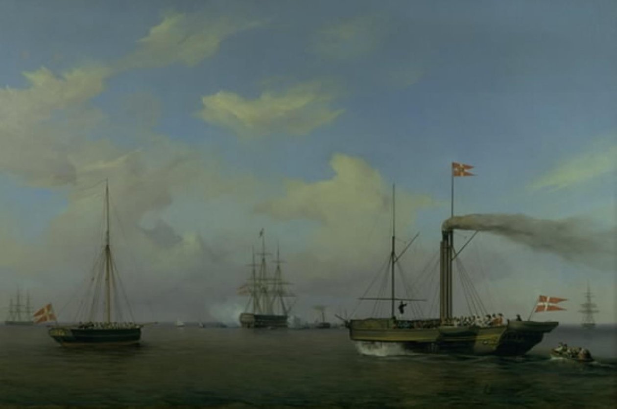 Dánská eskadra kotvící ve Warnemünde Rhed. Jejich královské výsosti korunní princ a korunní princezna přijíždějí na parníku „Kiel“ k eskadře a válečná loď „Christian the Eighth“ začíná salutovat od Friedrich Theodore Kloss