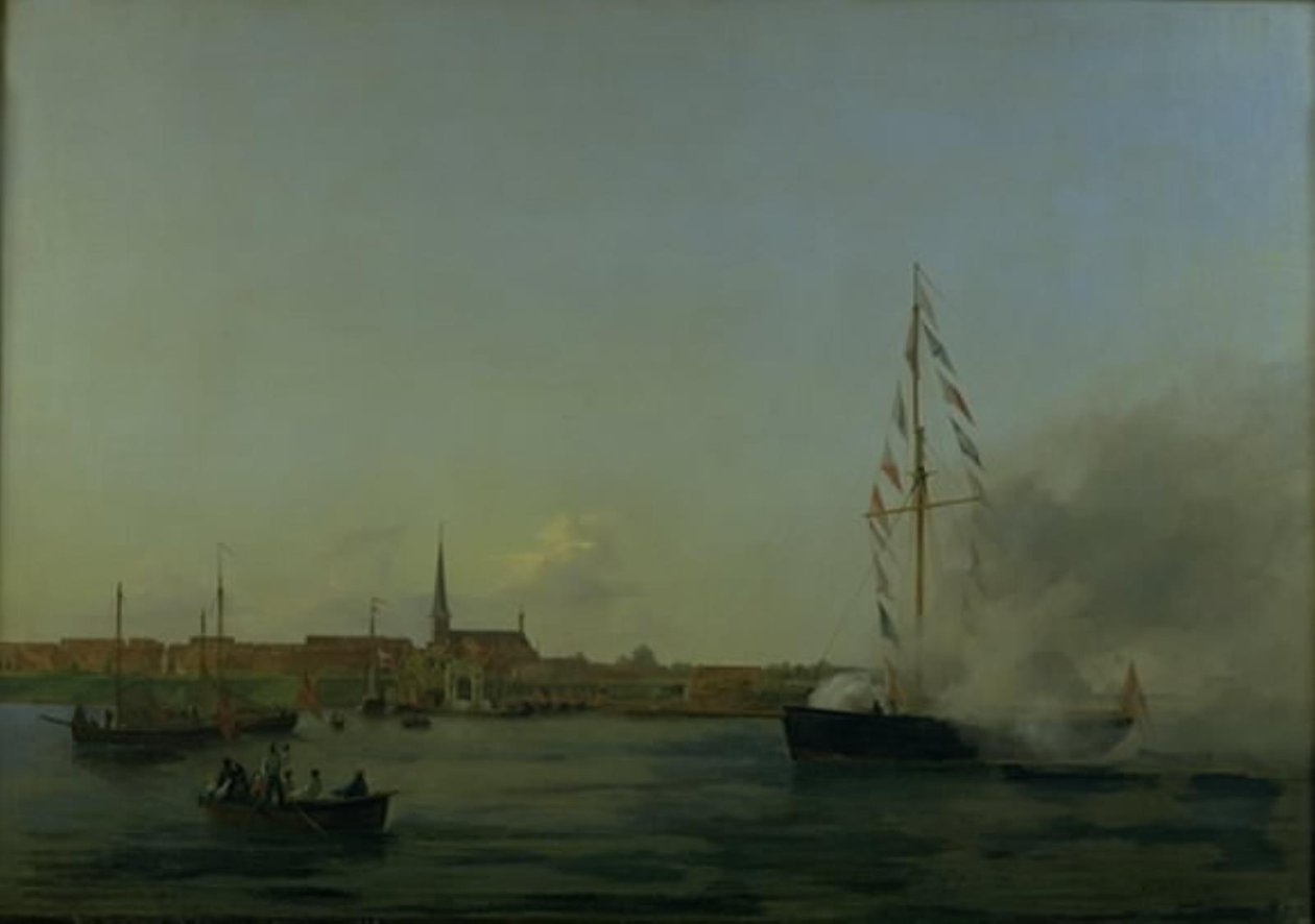 Přístav v Nyborgu. V popředí řezačka "Neptun" od Friedrich Theodore Kloss
