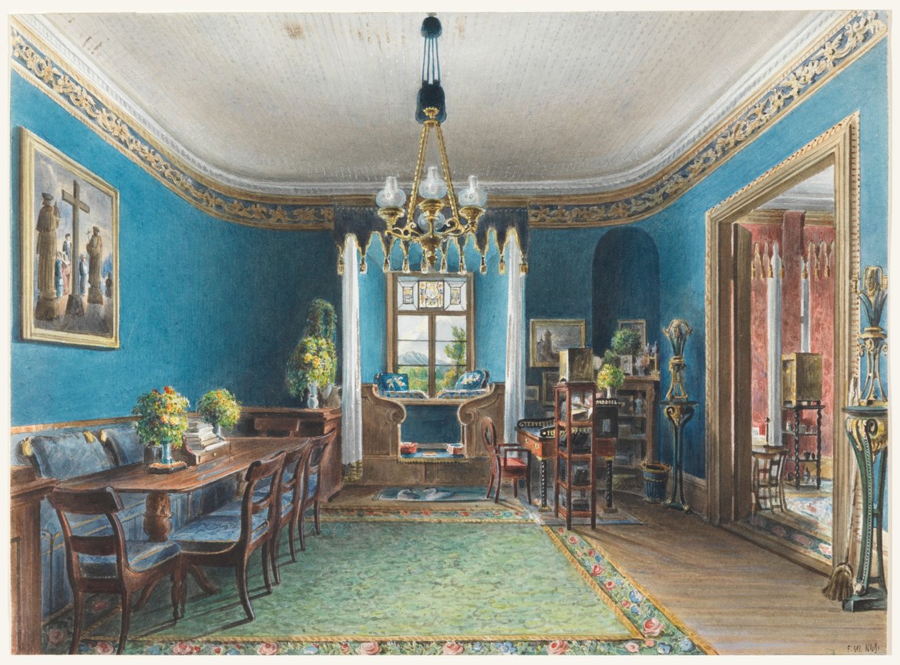 Kresba, Modrý pokoj, zámek Fischbach, 1846 od Friedrich Wilhelm Klose