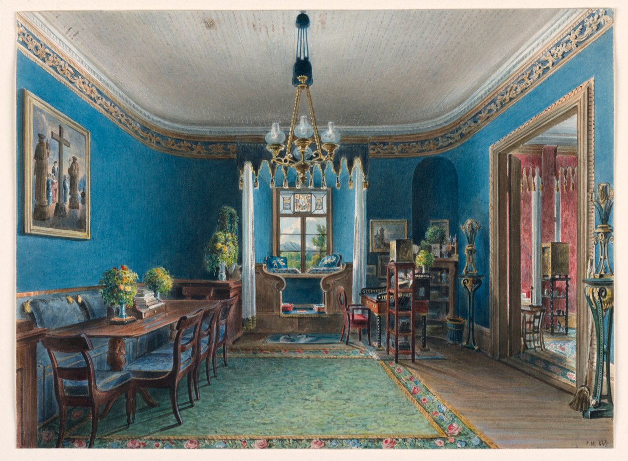 Kresba, Modrý pokoj, zámek Fischbach, 1846 od Friedrich Wilhelm Klose