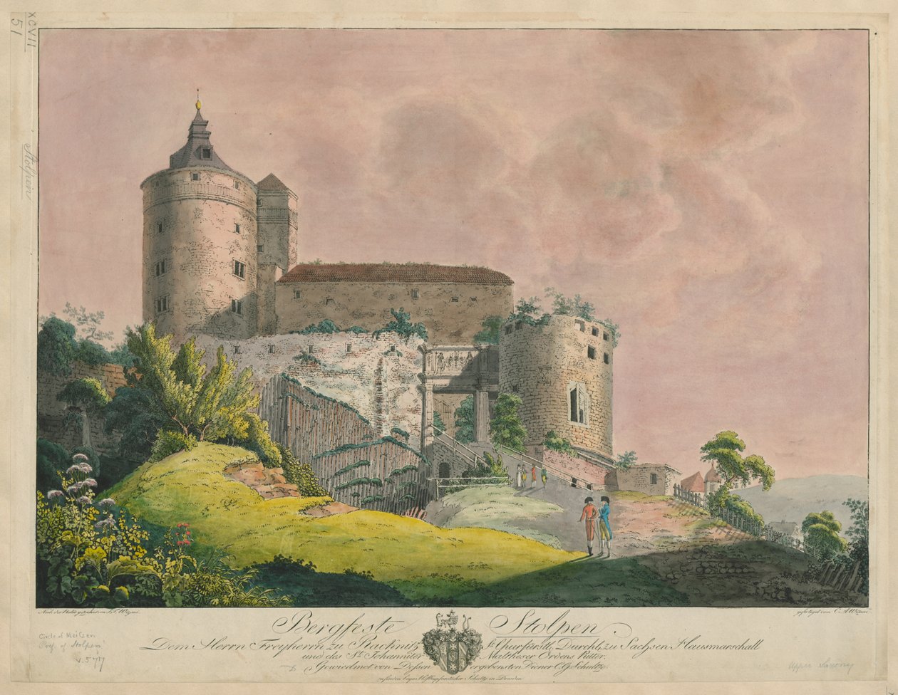 Bergfeste Stolpen, cca 1800 (barevná rytina) od Friedrich or Johann Friedrich Wizani