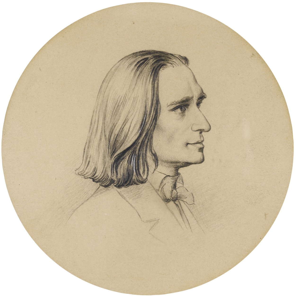 Portrét skladatele Franze Liszta (Portrét skladatele Franze Liszta (1811-1886)) kresba Friedrich Preller starší (1804-1878) Průměr 14,5 cm Soukromá sbírka od Friedrich the Elder Preller