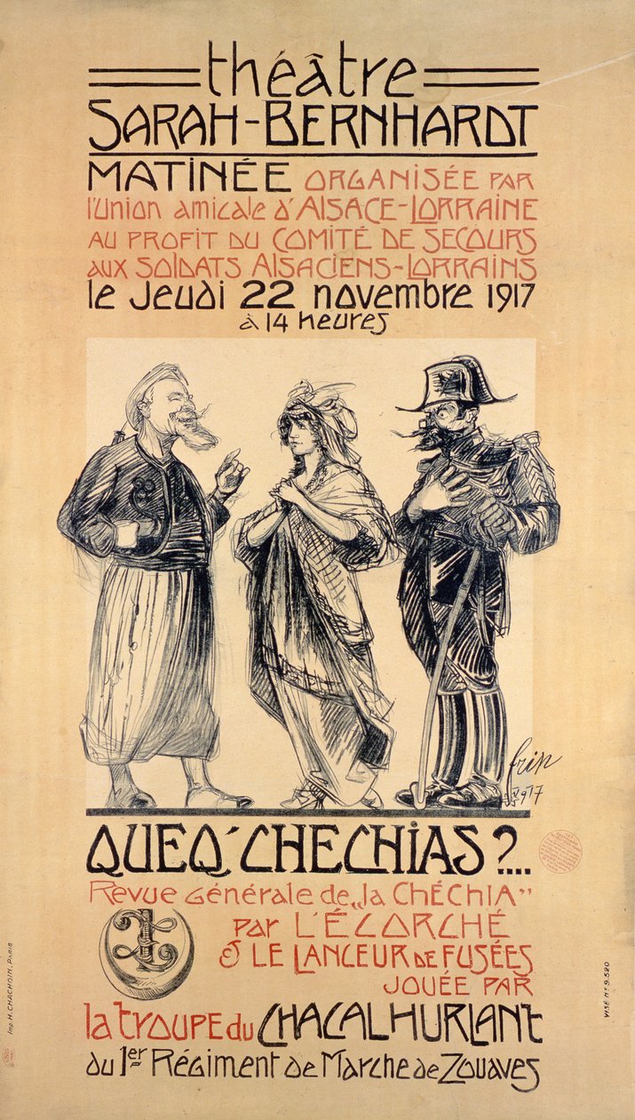 Plakát propagující benefiční matiné v Divadle Sarah Bernhardt v Paříži na pomoc vojákům z Alsaska-Lotrinska, 1917 od Frip