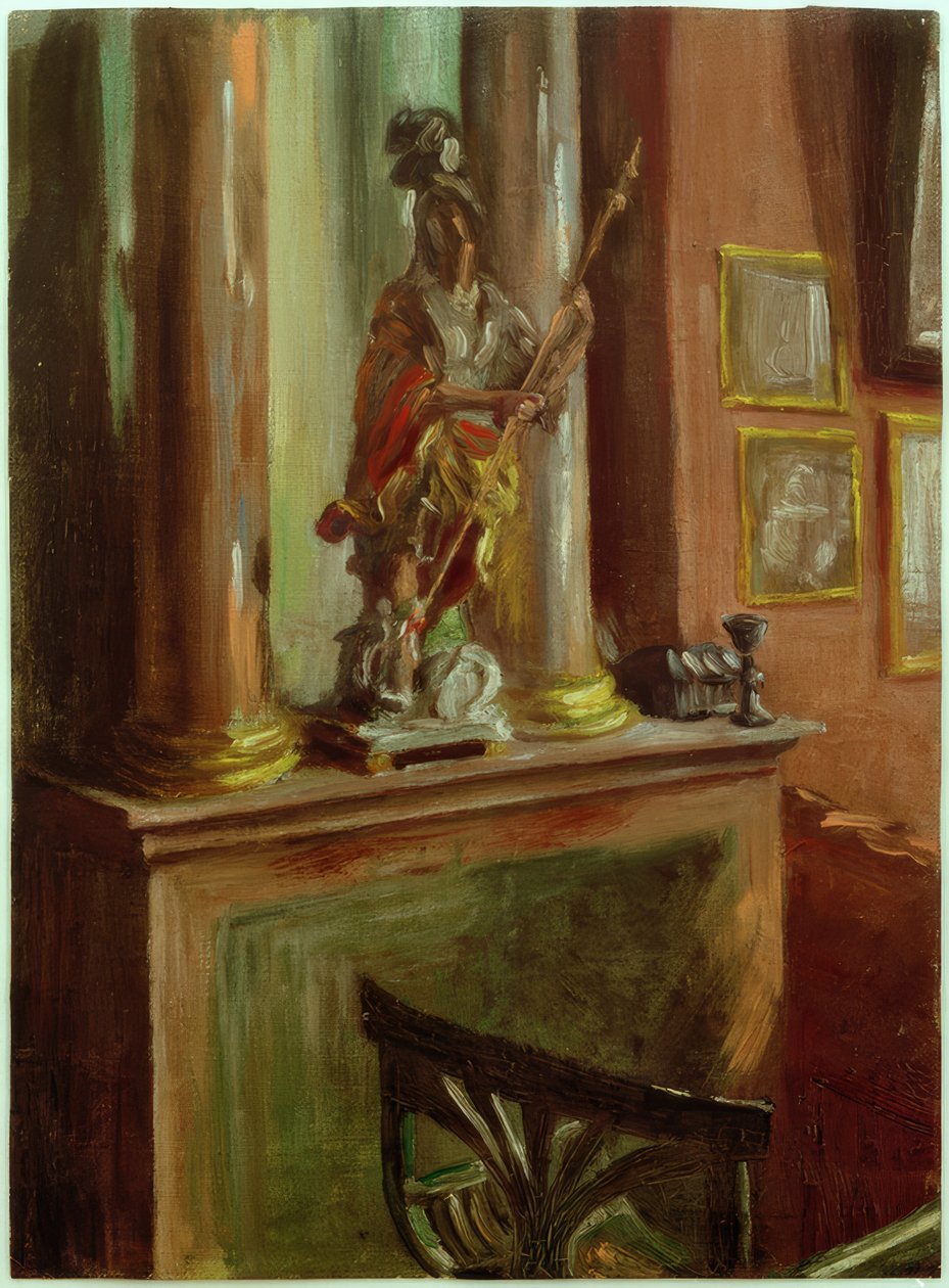 Ateliérová scéna s barokní soškou svatého Jiří od Fritz von Uhde