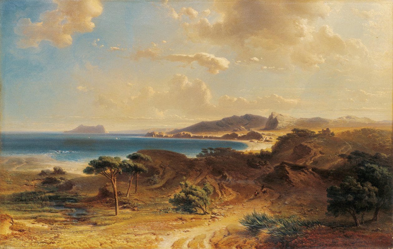 Pláž v Estepona s výhledem na Gibraltarskou skálu - Bamberger, Fritz (Friedrich) (1814-1873) - 1855 - Olej na plátně - 73x112,7 - Museo Carmen Thyssen, Malaga od Fritz Bamberger