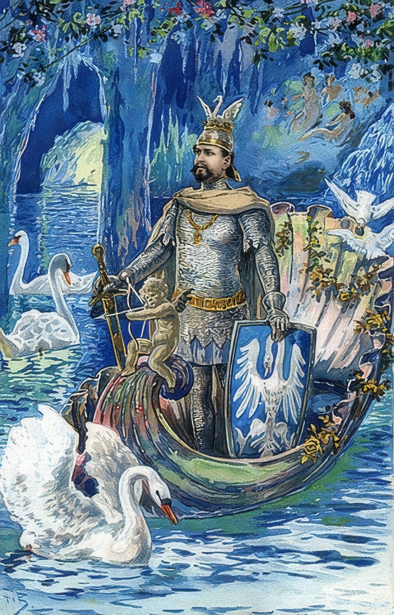 Král Ludwig II jako Lohengrin v Modré jeskyni paláce Linderhof. Kolem roku 1900 od Fritz Bergen