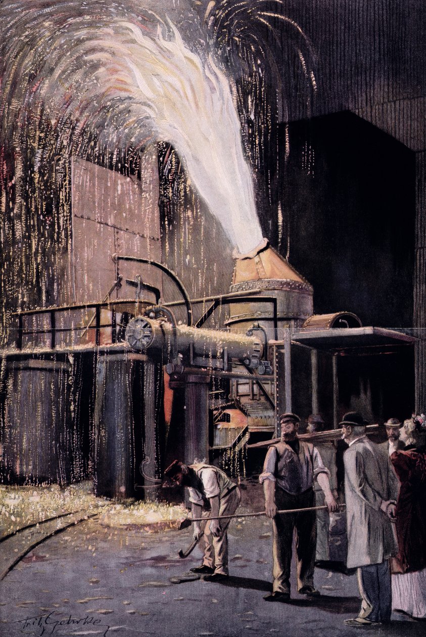 Bessemerův proces hromadné výroby oceli, který vyvinul sir Henry Bessemer (1813-98). od Fritz Gehrke