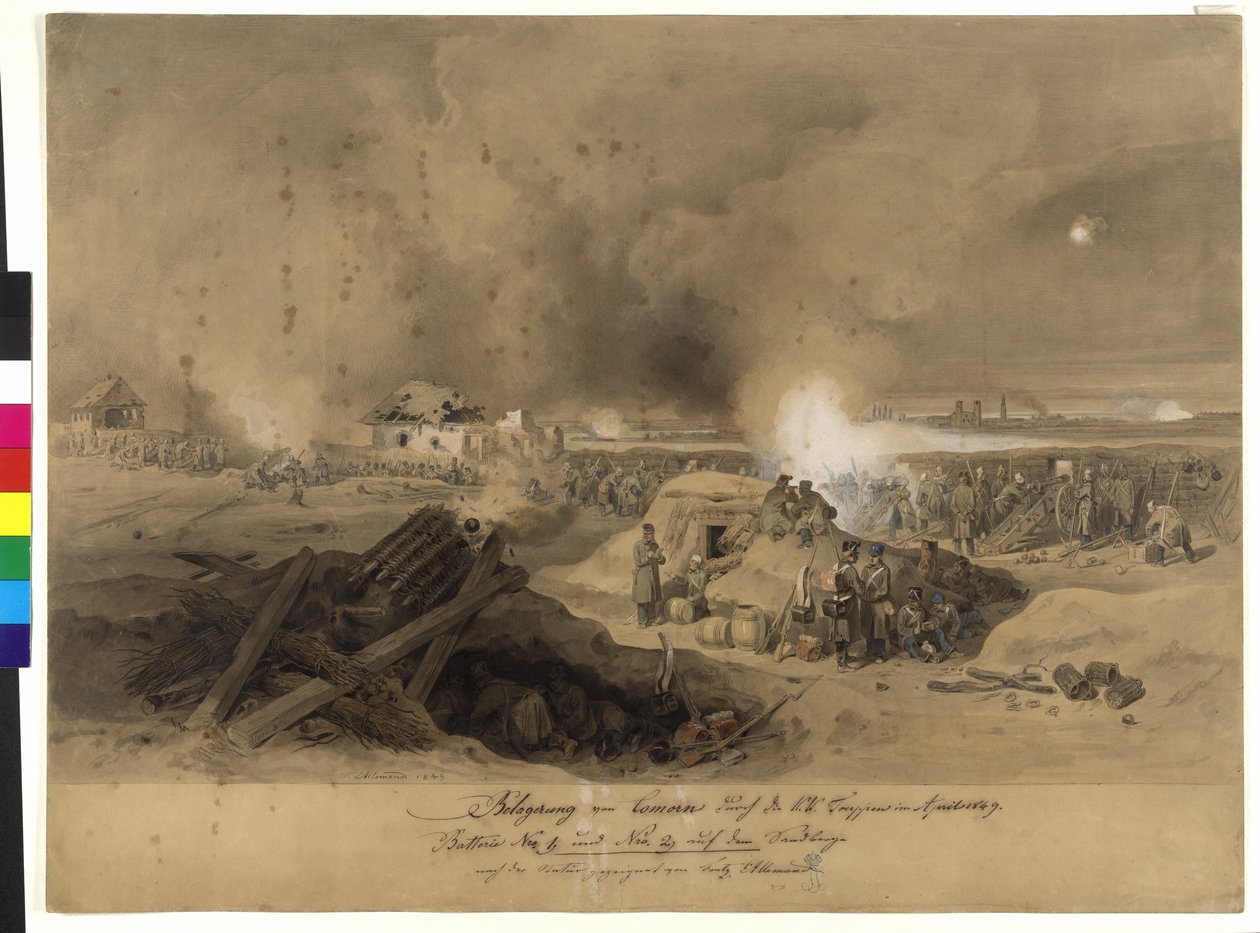 Obléhání Komornu k. k. jednotkami v dubnu 1849 (akvarel na papíře) od Fritz L