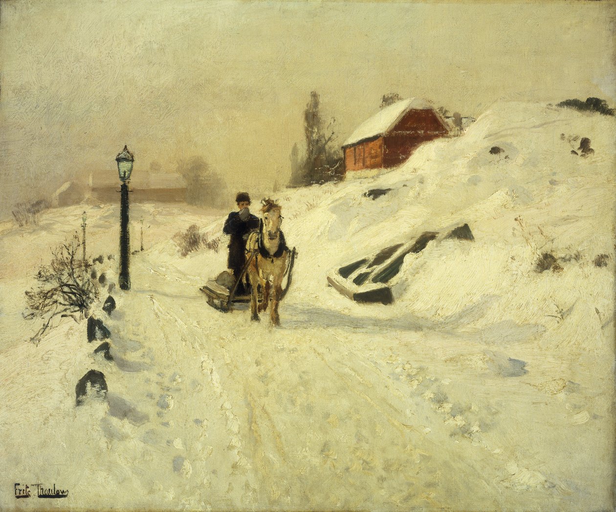 Sáně tažené koňmi v zimní krajině od Frits Thaulow