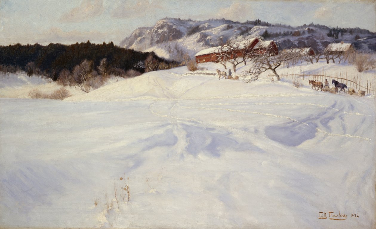 Sněhová scéna se saněmi, Fleskum od Fritz Thaulow