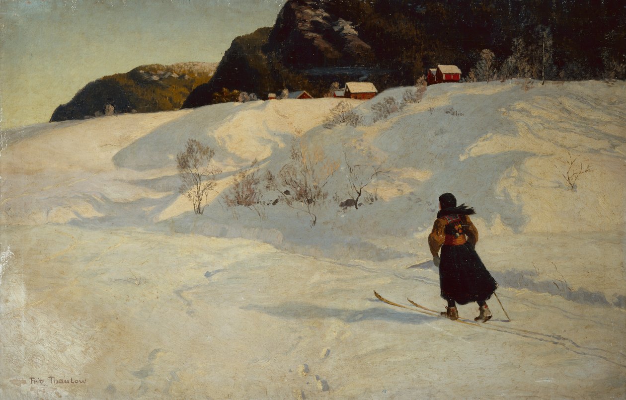 Zimní scéna s lyžařem od Fritz Thaulow