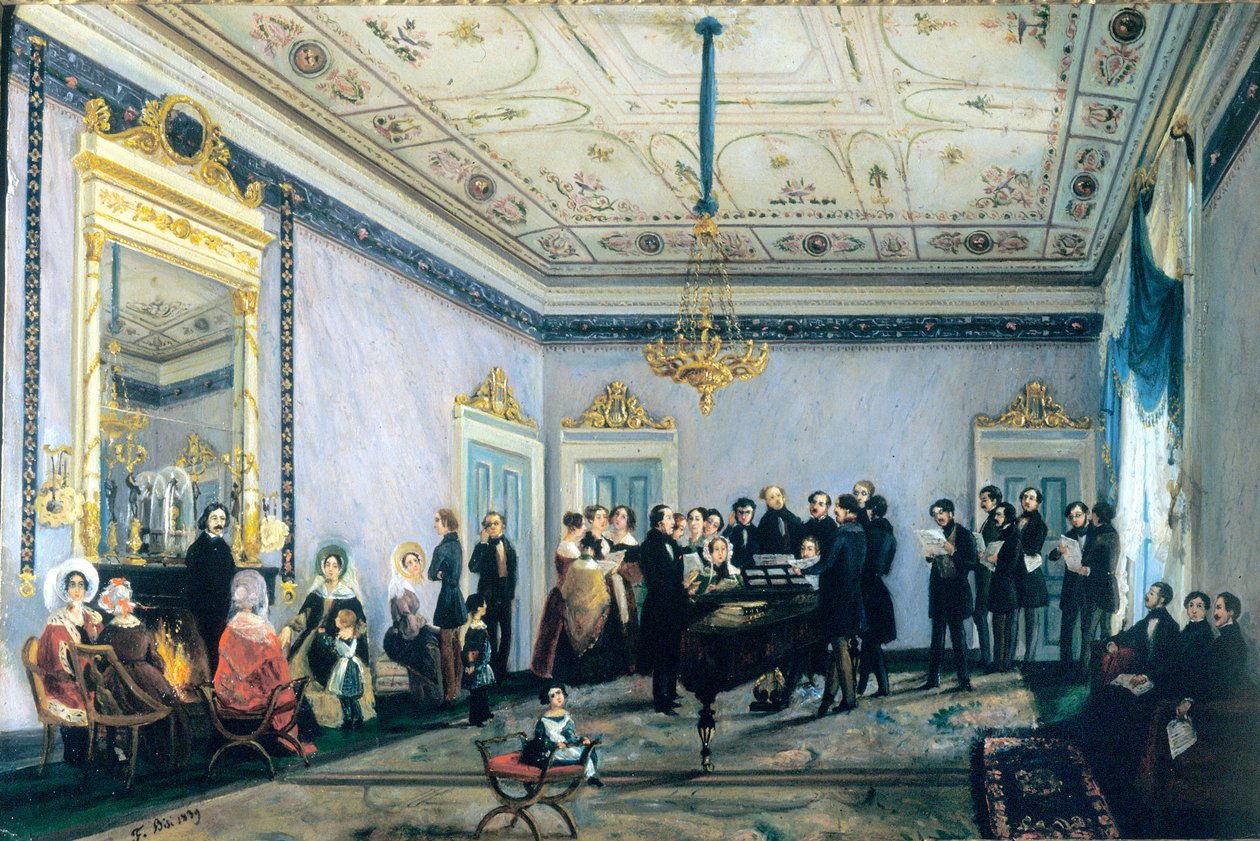 Koncert v domě Branca (Salon neboli setkání osobností hudebního světa v Miláně), 1839 od Fulvia Bisi