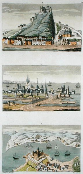 Skandinávské přístavy (odshora dolů: Kodaň, pevnost Segeburg a pevnost Sund) cca 1800-15, deska 50 z „Le Costume Ancien et Moderne“ od Julese Ferraria, vyryto Angelo Biasioli (1790-1830), vydáno kolem 1800-1830. 20.–30. léta 19. století (barevné lito) od Fumagalli (after)