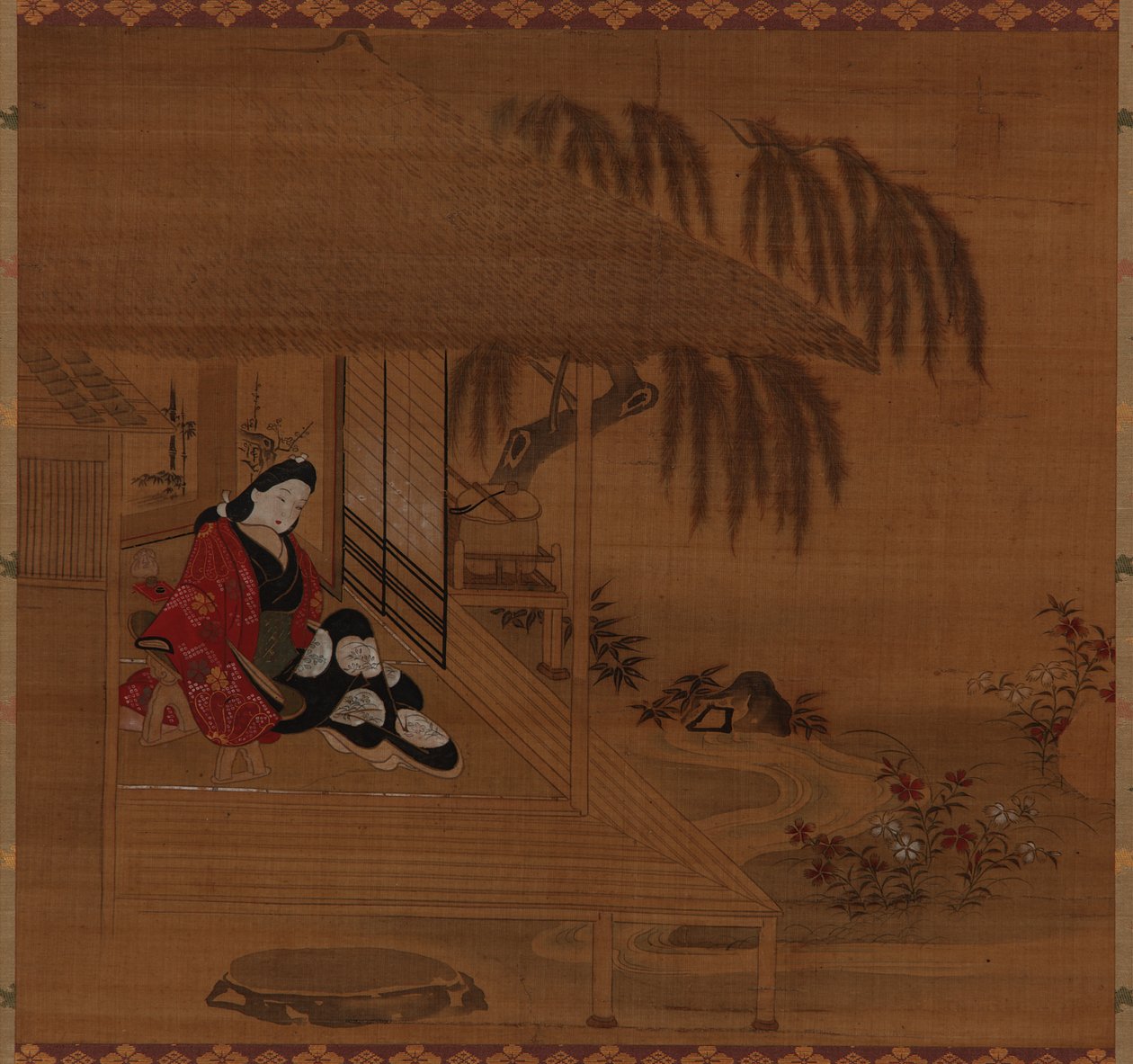 Zahrada, interiér a sedící dívka, období Edo, 1615-1868. od Furuyama Moroshige