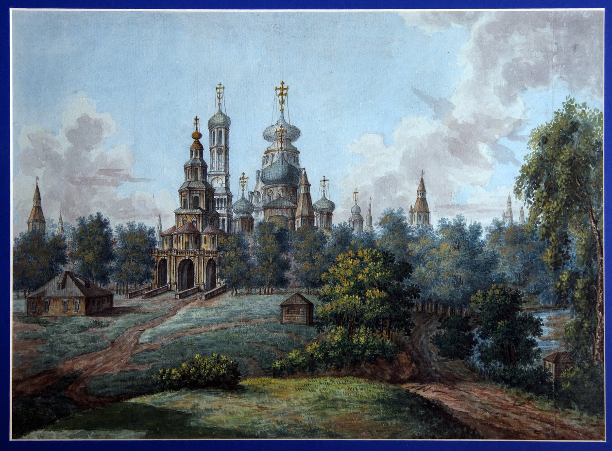 Nový Jeruzalémský klášter. Ruská ortodoxní architektura, na Istrii nedaleko Moskvy. Dílo Fjodora Jakovleviče Alexejeva (1753-1824), akvarel a tuš na papíře, kolem roku 1800. Ruské umění, počátek 19. století, klasicismus. Svatý od Fyodor Alexeyev