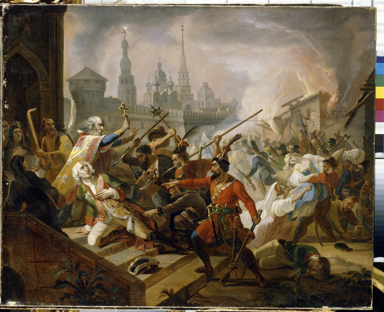 Ruská rolnická válka 1773-1775 (Jackson of the Yaik Cossacks): Bitva u Kazaně v červenci 1774, dějiště povstání Emeliana Ivanoviče Pougatcheva (Iemelian nebo Emilien Pougatchov) (1742-1775). (Pugačevova bitva o Kazaň v červenci 1774. od Fyodor Antonovich Molier