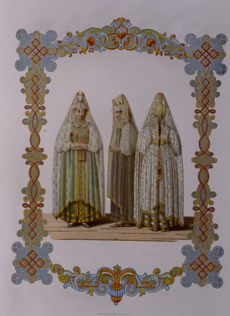 Kostýmy dívek z Torzhoku ze série Oděv ruského státu, 1851 od Fyodor Grigoryevich Solntsev