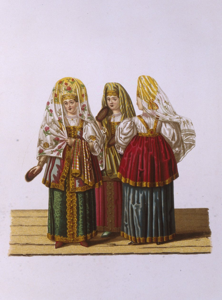 Kostýmy žen a dívek z Tveru Ze série Oděv ruského státu, 1851 od Fyodor Grigoryevich Solntsev