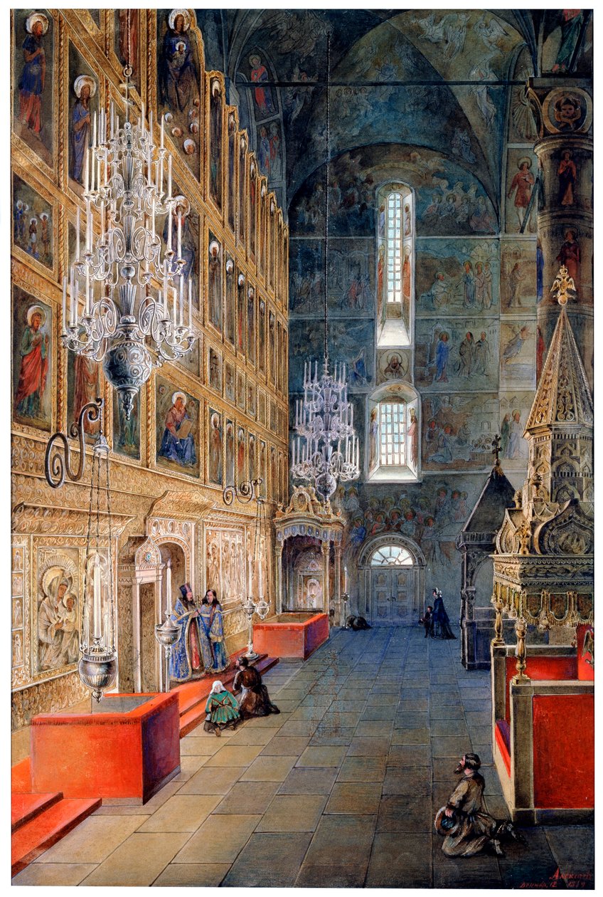 „Interiér v katedrále Nanebevzetí Panny Marie v moskevském Kremlu“, 1819 od Fyodor Yakovlevich Alexeev