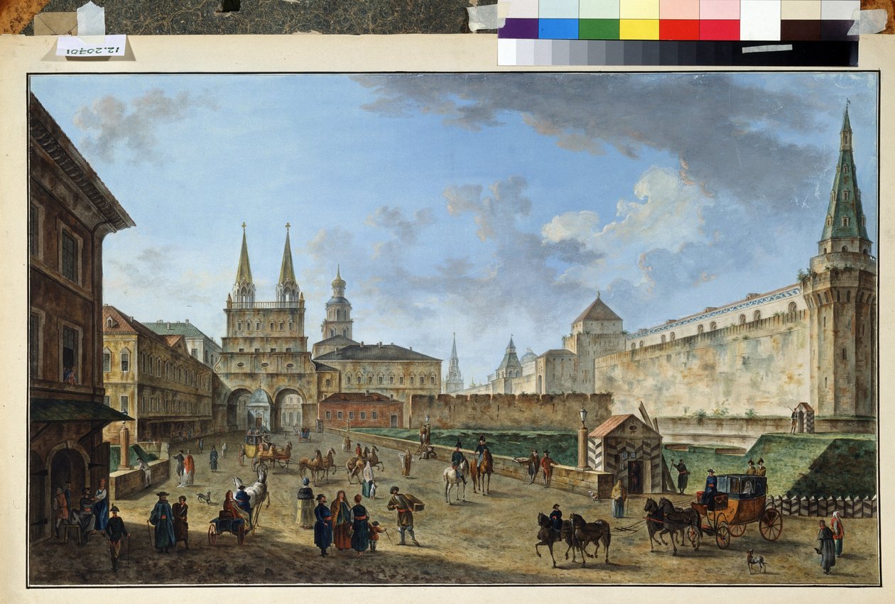 Moskva, pohled na bránu vzkříšení na Rudém náměstí. Obraz Fjodora Jakovleviče Alexejeva (1753-1824). Akvarel a kvaš na papíře, 58,2 x 91,2 cm, cca 1801. Ruské umění, klasicismus. Muzeum od Fyodor Yakovlevich Alexeev