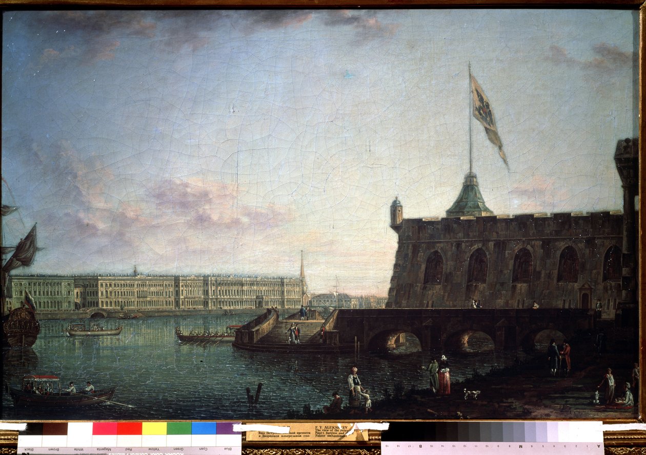 Pohled z Petropavlovské pevnosti a palácového nábřeží v Petrohradě. Obraz Fjodora Jakovleviče Alexejeva (1753-1824). Olej na plátně, 71,5 x 109 cm od Fyodor Yakovlevich Alexeev