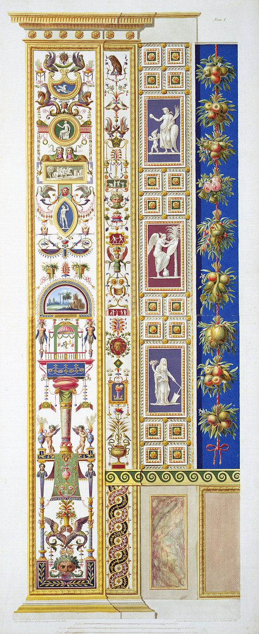 Panel z Raphael Loggia ve Vatikánu, z „Delle Loggie di Rafaele nel Vaticano“, rytý Giovanni Ottaviani (asi 1735-1808), publikováno asi 1772-77 (ručně kolorovaná rytina) od G. and Camporesi, P. Savorelli