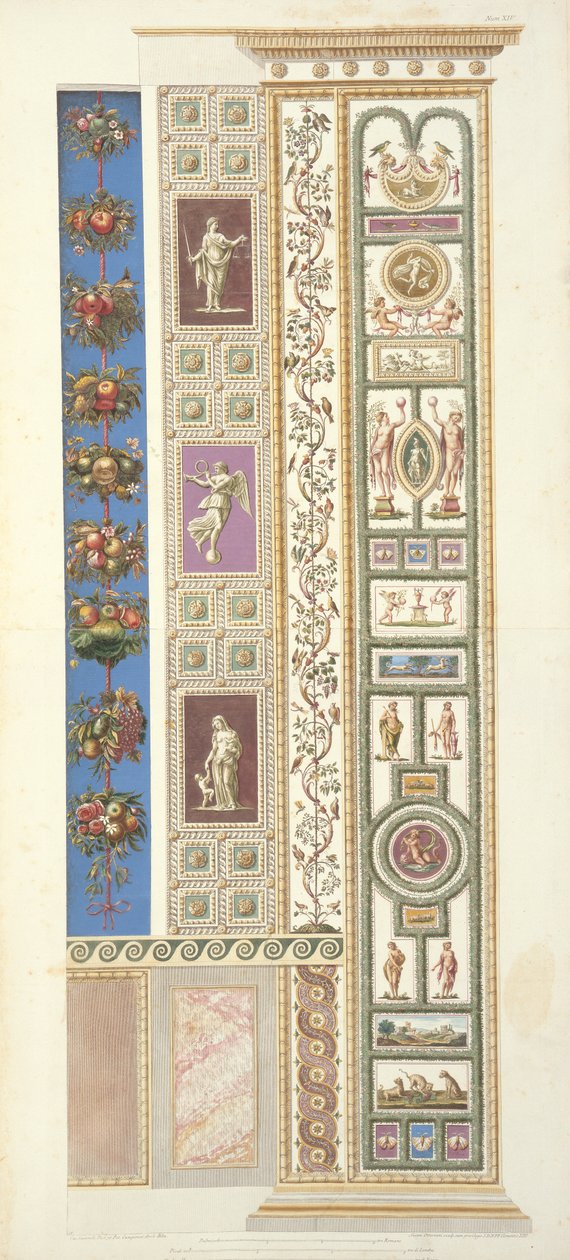 Panel z Raphael Loggia ve Vatikánu, z „Delle Loggie di Rafaele nel Vaticano“, vyrytý Giovanni Ottaviani (asi 1735-1808), publikováno kolem roku 1772-77 (ručně kolorovaná rytina) od G. and Camporesi, P. Savorelli
