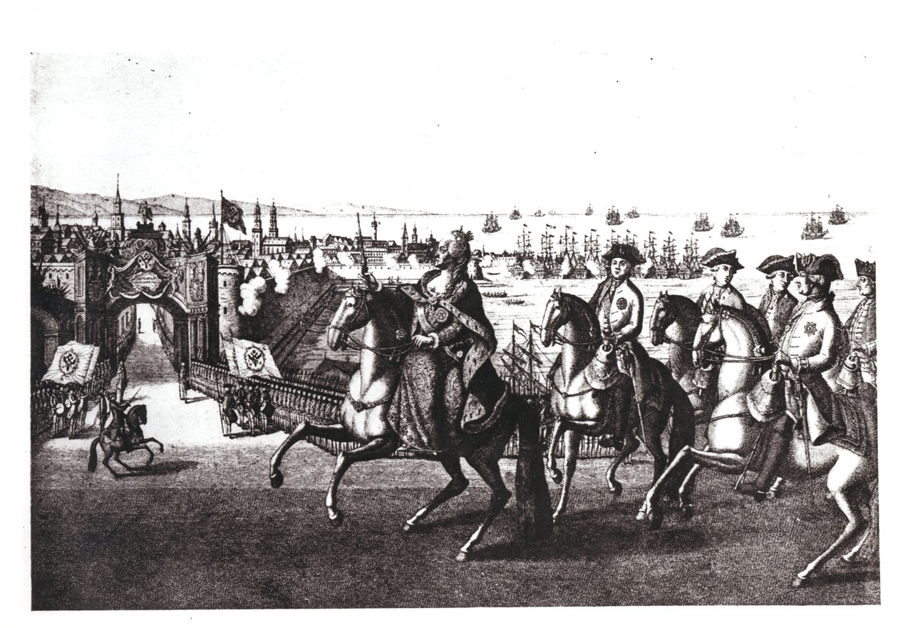 Kateřina II. (1729-96) Veliká, vjíždí do jednoho z přístavů na Krymu dobytých od Turků. od G. Baltazar
