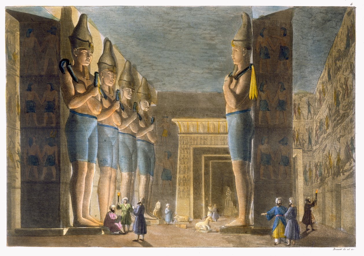 Chrám Ramesse II (1279-13 př.nl) Abu Simbel, Egypt, deska 4 z „Le Costume Ancien et Moderne“ od Julese Ferraria, vydáno kolem 20.–30. let 18. století od G. Bramati